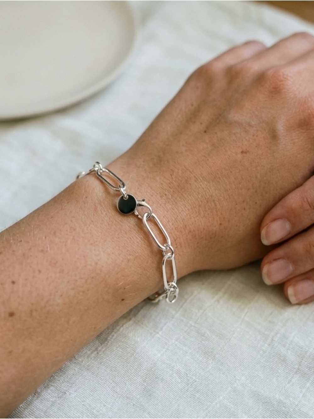 925 Sterling Silver Link Bracelet with Black Disc